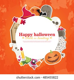 Halloween Concept Banner With Flat Icon Set on Orange Textured Backdrop. Vector Flat Illustration. Halloween Signs and Symbols.