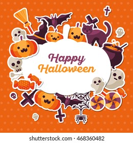 Halloween Concept Banner with Flat Icons Stickers on Orange Background. Vector Illustration. Pumpkin Shape Frame with Place for your Text. Trick or Treat.