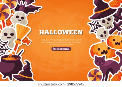 Halloween Concept Banner With Icon Set on Orange Textured Backdrop. Vector Flat Illustration. 