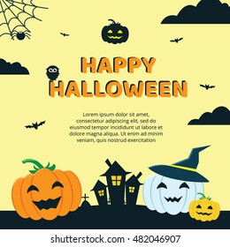 Halloween Concept Banner with Icons Stickers on Backdrop. Vector Flat Illustration. Template for your design