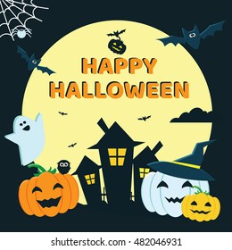 Halloween Concept Banner with Icons Stickers on Backdrop. Vector Flat Illustration. Template for your design.