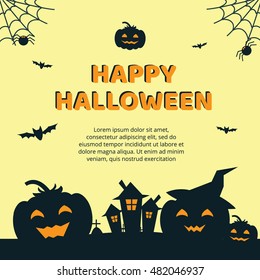 Halloween Concept Banner with Icons Stickers on Backdrop. Vector Flat Illustration. Template for your design
