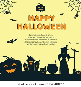 Halloween Concept Banner with Icons Stickers on Backdrop. Vector Flat Illustration. Template for your design