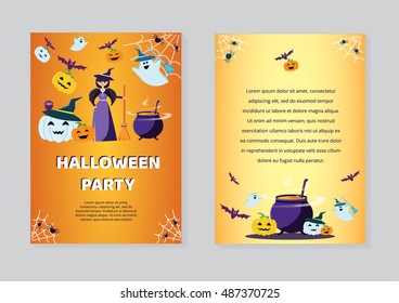 Halloween Concept Banner with Icons Stickers on Backdrop. Vector Flat Illustration. Template for your design. Design Card or Invite. Poster. Place for your text