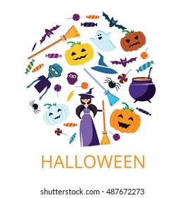 Halloween Concept Banner with Icons Stickers on Backdrop. Vector Flat Illustration. Template for your design. Design Card or Invite. Poster. Place for your text. Elements in round