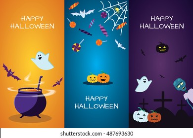 Halloween Concept Banner with Icons Stickers on Backdrop. Vector Flat Illustration. Template for your design. Design Card or Invite. Poster. Place for your text.