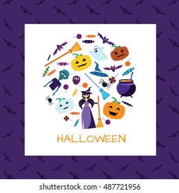 Halloween Concept Banner with Icons Stickers on Backdrop. Vector Flat Illustration. Template for your design. Design Card or Invite. Poster. Place for your text. Elements in round