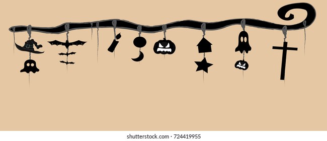 Halloween concept Black cane and hat, bat, pumpkin, half moon, ghost, candle, rope sleeve,cross,copy  space for  text drawing.vector 