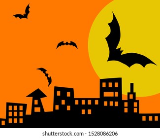 Halloween Concept: Black, orange and yellow background with silhouette of bats flying in the dark night, city and big full moon.