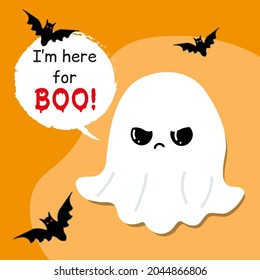 Halloween concept card with ghost on orange background. Vector hand drawn cartoon kawaii character illustration