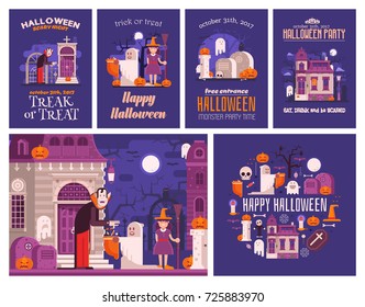 Halloween concept cards and illustrations set. Halloween party invitation templates, trick or treat banner and congratulation card with traditional elements and symbols.