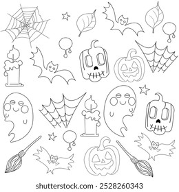 Halloween concept in cartoon style. Creepy freehand line drawings on a white background. Creative festive seamless