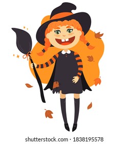 Halloween concept. Cheerful little girl with a smile in a fancy dress witch with a broom, around the autumn leaves
