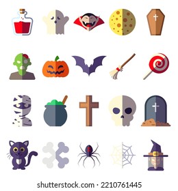 Halloween concept. Collection of vibrant vector flat illustrations of potion, ghost, vampire, spider, witch etc. Perfect for web sites, apps, games, books, articles