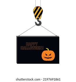 Halloween concept. The crane lifts the block with the banner. Flat vector illustration.