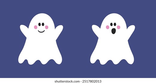 Halloween concept with cute ghosts. Icon set. Vector illustration