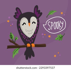 Halloween concept of cute owl seat on branch vector design. Spooky speech bubble lettering. Perfect for prints, poster, cover or postcard