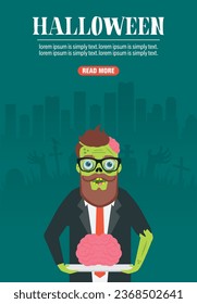 Halloween concept design flat banner with zombie. Vector illustration