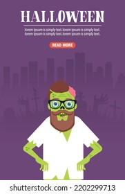 Halloween concept design flat poster with zombie. Vector illustration