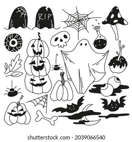 Halloween concept. doodle set of black and white Halloween elements. bat, poison, mushroom, cute ghost, pumpkin, bone, caramel apple, eyes, leaves, skull, spider, moon. isolated vector illustration