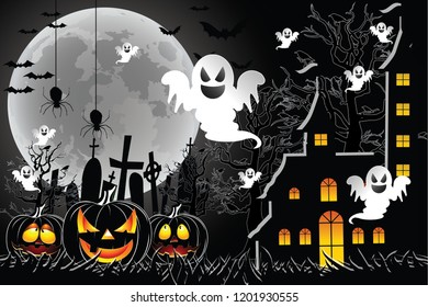 Halloween concept with elements horror pupkins, ghost, haunted house, tree, bats on night and moon background. halloween illustration