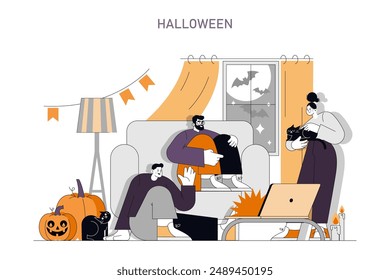 Halloween concept. Family enjoys a cozy, festive evening at home with decorations, a cat, and pumpkins. Vector illustration.
