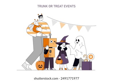 Concepto de Halloween. La familia y los amigos celebran en un maletero o tratan el evento con disfraces festivos y decoraciones. Una alternativa segura de truco o trato. Ilustración vectorial.