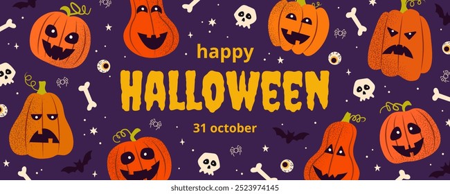 Halloween concept. Festive rectangular banner. Layout with different pumpkin faces, skulls with textured effect. Design for invitation, advertising, decoration, wallpaper.