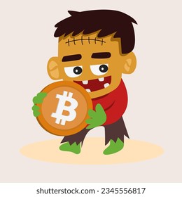 Halloween concept, flat garoon Devil's pumpkin costume on Halloween night with bitcoin coins