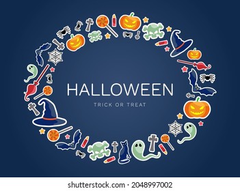 Halloween concept with flat icons arrange in the oval frame. Vivid icons and deep blue background. Vector illustration.
Icons of skulls, spider webs, evil pumpkin, bats, grave crosses,  candles.
