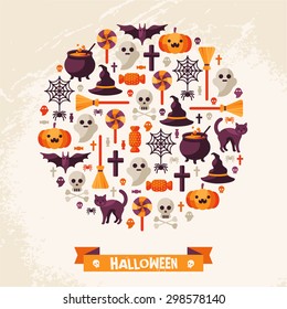 Halloween Concept with Flat Icons Arrange in Circle. Vector Illustration. 