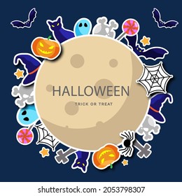 Halloween concept with flat icons located around the full moon. Bright icons and dark blue background. Vector illustration.