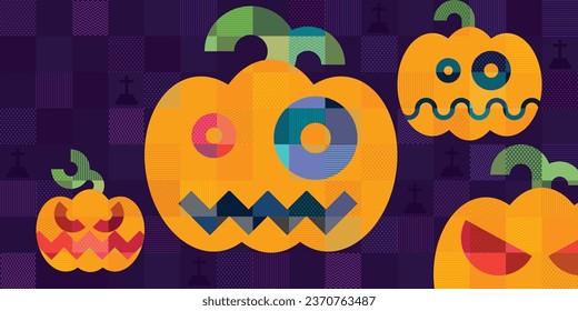 Halloween concept with funny pumpkins in mosaic punchy style vector illustration. Happy Halloween background.