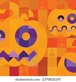 Halloween concept funny pumpkins in mosaic punchy style vector illustration. Happy Halloween orange background.
