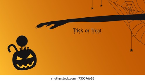 Halloween concept , ghost holds out his arm to grab candy in pumpkin basket silhouette vector illustration background.