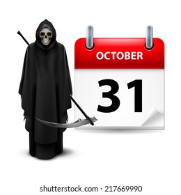 Halloween concept with Grim Reaper and calendar on 31th of October over white