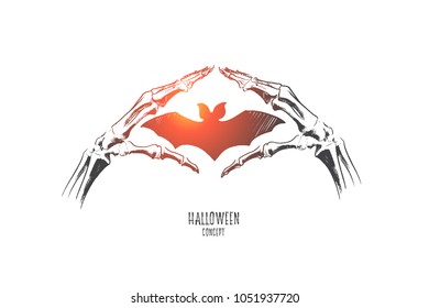 Halloween concept. Hand drawn bat in arms of skeleton. Happy Halloween poster isolated vector illustration.