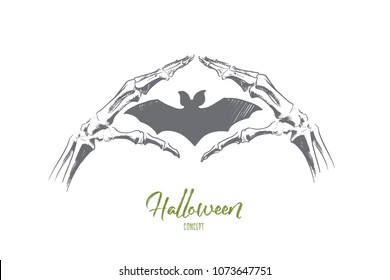 Halloween concept. Hand drawn bat in arms of skeleton. Happy Halloween poster isolated vector illustration.