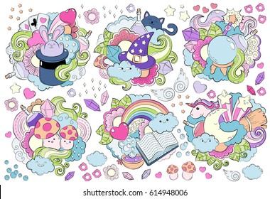 Halloween Concept. Hand drawn doodle illustration. Seamless magic pattern. Cartoon Doodle Patches and Badges