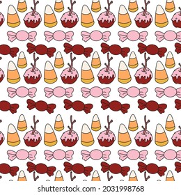 Halloween concept. hand drawn seamless pattern for Halloween outline. caramel apple, candy corn, sweets, trick or treat