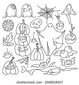 Halloween concept. hand drawn set of doodle outline Halloween elements. bat, poison, mushroom, cute ghost, pumpkin, bone, caramel apple, eyes, leaves, skull, spider, moon. isolated vector illustration