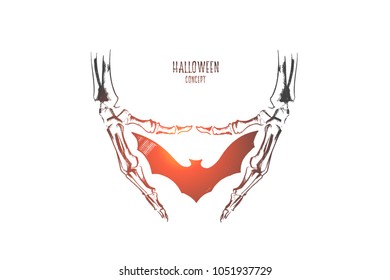 Halloween concept. Hand drawn silhouette of bat and arms of skeleton around it. Greeting card or poster for Halloween poster isolated vector illustration.