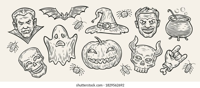 Halloween concept. Hand-drawn symbols vintage vector illustration