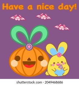 Halloween concept. Happy cute bunny eat candy, sit with giant pumpkin, pretty bat. Purple background. Kawaii rabbit adorable animal doodle cartoon character vector design. Have a nice day! Lovely card