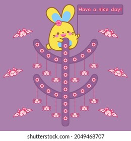 Halloween concept. Happy cute bunny hold sign, heart eyeball tree with spider hanging. Decoration with pretty bat. Purple background. Kawaii rabbit cartoon vector design. Have a nice day! Lovely card.