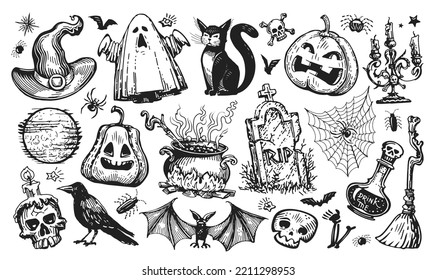 Halloween concept. Holiday elements set for flyer, greeting card, web banner design. Sketch vintage vector illustration