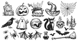 Halloween Concept Icon Set. Hand Drawn Design Elements In Sketch Style For Holiday Flyer, Greeting Card Or Web Banner