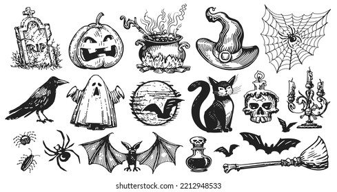 Halloween concept icon set. Hand drawn design elements in sketch style for holiday flyer, greeting card or web banner