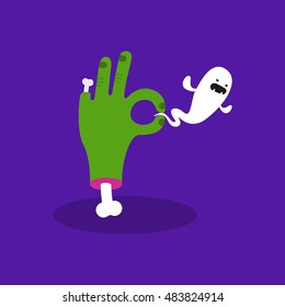 Halloween concept illustration: zombie hand holding a ghost. Trick or treat. Flat vector illustration. 