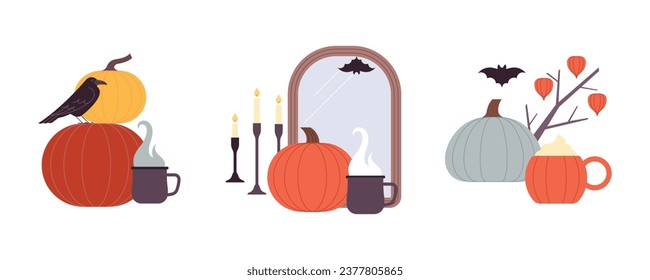 Halloween Concept Illustrationen. Stillleben Komposition mit Kürbis, Äste, Fledermäuse und einem keuchigen heißen Getränk. Hintergründe aus Poster oder Karten. Moderne Vektorgrafiken in hellen Farben, saisonales Ambiente, Herbst-h